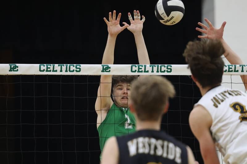 Providence’s Kaden Kaczmarek goes for the block against Joliet West on Tuesday, April 16, 2024 in New Lenox.