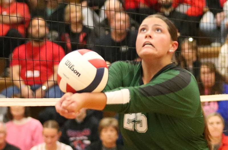 St. Bede's Kijah Lucas returns a serve from Henry-Senachwine on Tuesday, Oct. 21, 2025 at Henry-Senachwine High School.