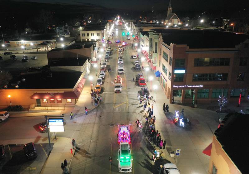 An aerial view of the 2nd annual Light up the Night parade as it rolls along Fourth Street on Saturday, Dec. 3, 2022 downtown Peru.