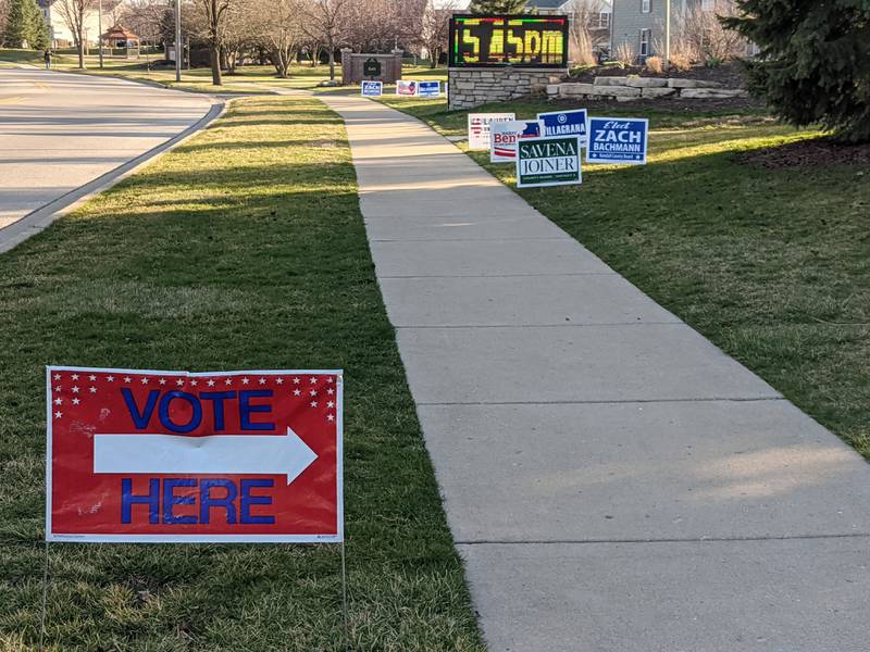 Candidate signs near a polling place in Kendall County.