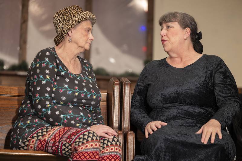 Mary Jo Frederick as Violet (left) and Terrie Miller as Trudy, work on a scene during rehearsal Wednesday, Nov. 30, 2022 in Polo.