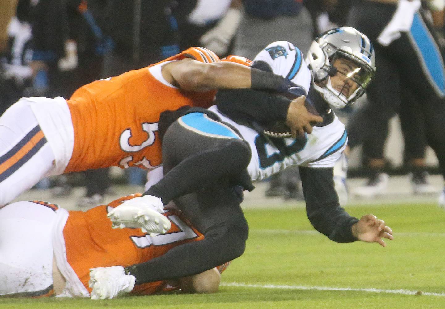 Chicago Bears linebacker TJ Edwards and line backer Jack Sanborn sack Carolina Panthers quarterback Bryce Young on Thursday, Nov. 9, 2023 at Soldier Field.