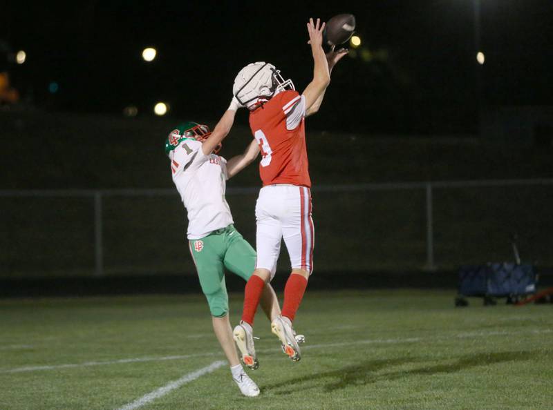 Ottawa's George Shumway fails to intercept a pass intended for L-P's Rafe Helmig in the end zone on Friday, Sept. 12, 2025 at King Field.