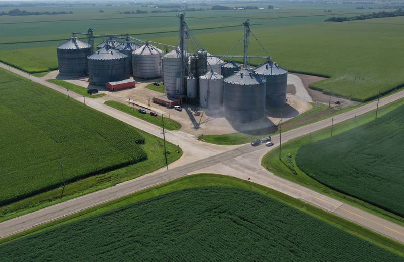 An aerial view of a future solar farm located at the intersection of Illinois Route 89 and 1800 North Road on Thursday, Aug. 14, 2025 north of Ladd. On Tuesday,  the Bureau County Board approved an outside counsel to file a consent order to settle with two solar farms located just north of the Village of Ladd near Ladd Elevator. The full board will likely vote to approve the project at the September meeting.