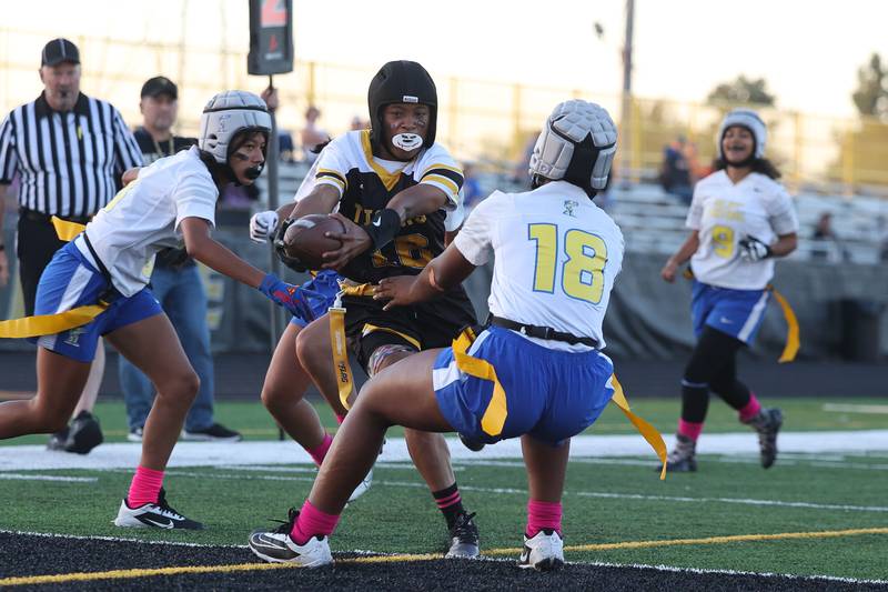 Joliet West’s Nevada Simms stretches the ball across the goal line for the touchdown against Joliet Central on Wednesday, Oct. 2, 2024 in Joliet.