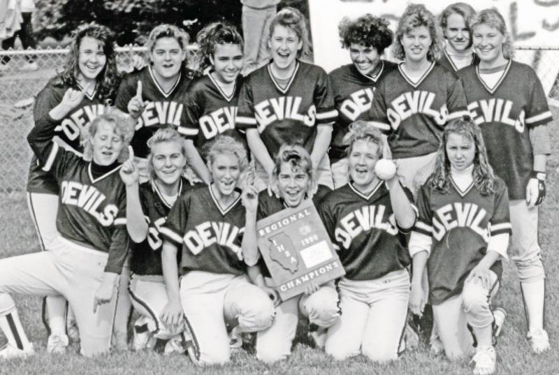 The 1990 Hall softball team was undefeated NCIC champions and played its way back to stater. They are being inducted into the Hall High School Hall of Fame. Team members are (front row, from left) Gena Filippini, Kerry Carlson, Lynn Hewitt, Stacie Ring, Wendy Becker and Gina Rogers; and (back row) Cindy Wertz, Margaret Stergulz, Chelle Mixon, Joanna Walsh, Morena Andrade, Tricia Ziel, Theresa Zeglis and Penny Booker.