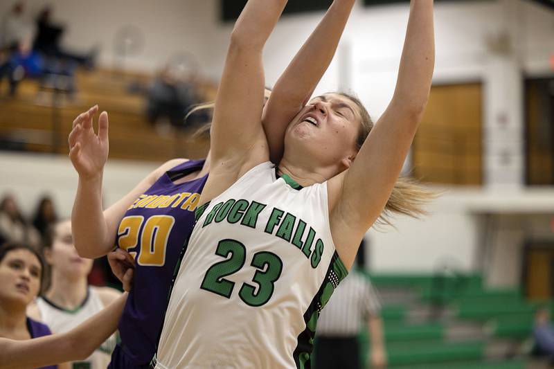 Rock Falls’ Claire Bickett works below the basket against Mendota Saturday, Jan. 14, 2023.