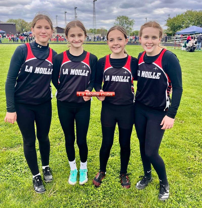 LaMoille was the 7th grade champion in the 4x400 relay with Dakota Wendelken (from left), Evelyn Morrison, Cali Kubat and 
Claire Drummer.