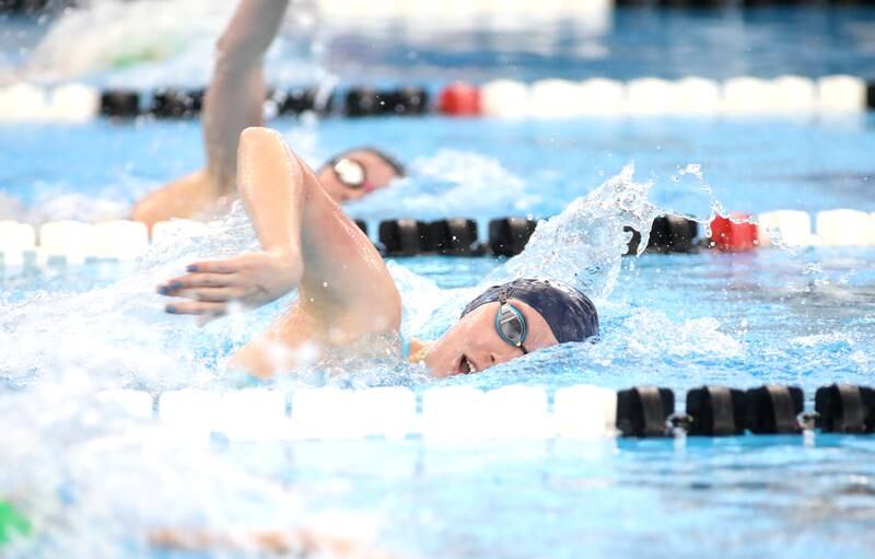 Riverside-Brookfield’s Hailey Vlcek competes in the 500-yard freestyle consolation heat during the IHSA Girls State Championships on Saturday, Nov. 16, 2024 at FMC Natatorium in Westmont.