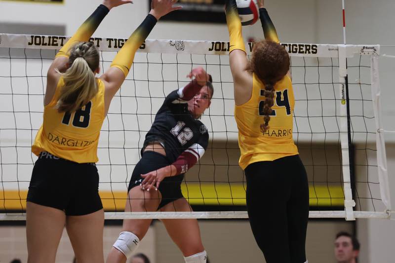 Plainfield North’s Ella Maletich goes for the kill against Joliet West on Wednesday, Sept. 6, 2023 in Joliet.