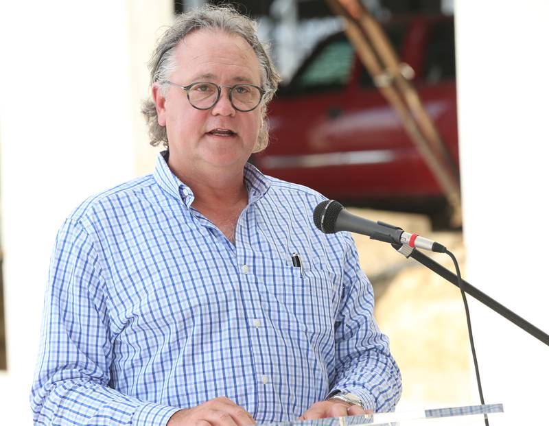 Ollies Bargain Outlet CEO John Swyherg delivers a speech during a construction milestone at the new Ollie's distribution center on Tuesday, Sept. 26, 2023 in Princeton.