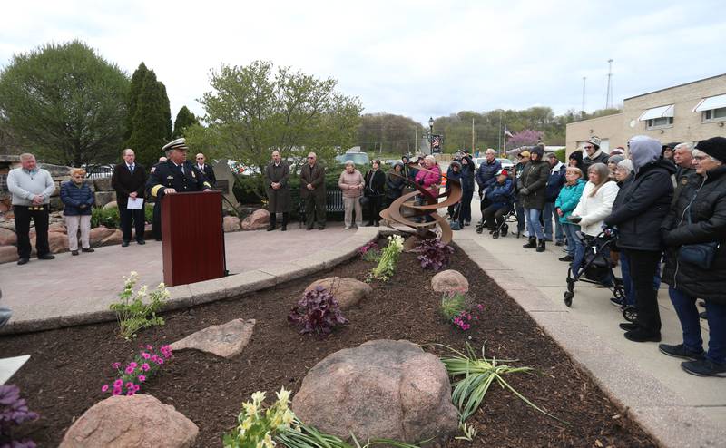 Former Utica fire Chief Dave Edgcomb speaks during the 20th anniversary of the tornado at the memorial on Saturday, April 20, 2024 in Utica.