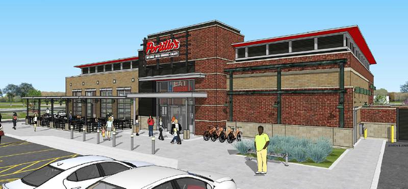 An architect's rendering shows how the Portillo's set for The Enclave in Algonquin, at Randall Road and Commons Drive, will look. The village board approved a development agreement with the site developer on Tuesday, Dec. 20, 2022.