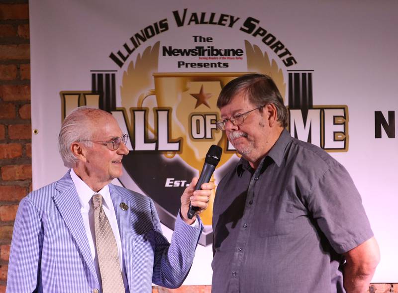 Lanny Slevin Emcee, interviews Kevin Hieronymus as he receives the Shaw Media distinguished media award during the Shaw Media Illinois Valley Sports Hall of Fame on Thursday, June 8, 2023 at the Auditorium Ballroom in La Salle.