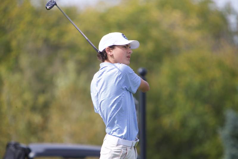 St. Charles North's Caden Shanahan drives a ball  at the Class 3A St. Charles North Regional on Wednesday, Oct. 1, 2025 at Bowes Creek Country Club in Elgin.