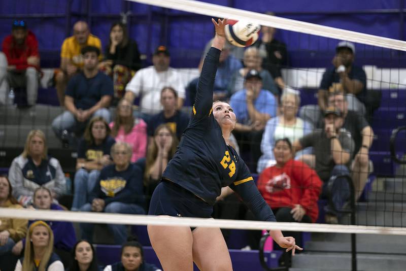 Sterling’s Carley Sullivan spikes against Morris Tuesday, Oct. 29, 2024, at the class 3A regional semifinal in Dixon.