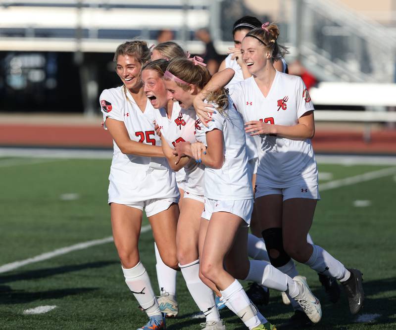 Hinsdale Central celebrates a goal during the IHSA Class 3A girls soccer sectional final match between Lyons Township and Hinsdale Central at Reavis High School in Burbank on Friday, May 26, 2023.