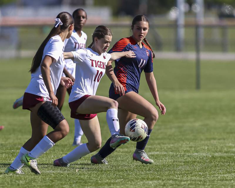 Plainfield North's Molly Nelson (10) handles the ball during a soccer match between Plainfield North at Oswego on Monday, May 11, 2026 in Oswego.