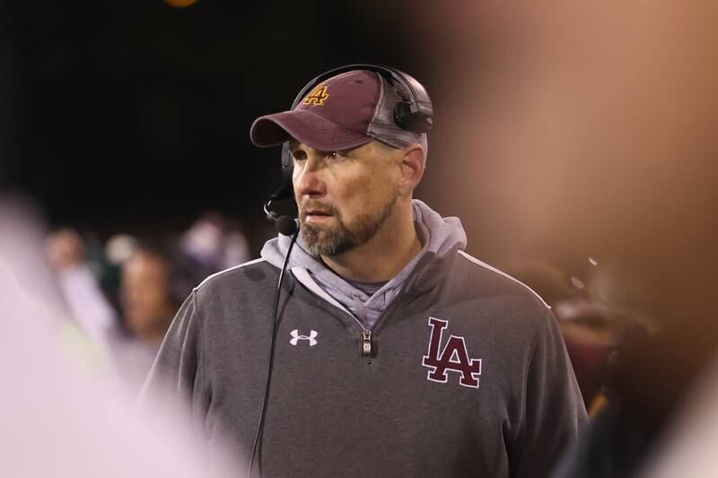 Loyola head coach Beau Desherow walks the sidelines against Lincoln-Way East in the Class 8A championship on Saturday, Nov. 25, 2023 at Hancock Stadium in Normal.