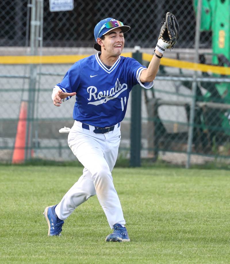 Hinckley-Big Rock's Josh Badal makes a running catch during their game against Indian Creek Monday, April 29, 2024, at Indian Creek High School.