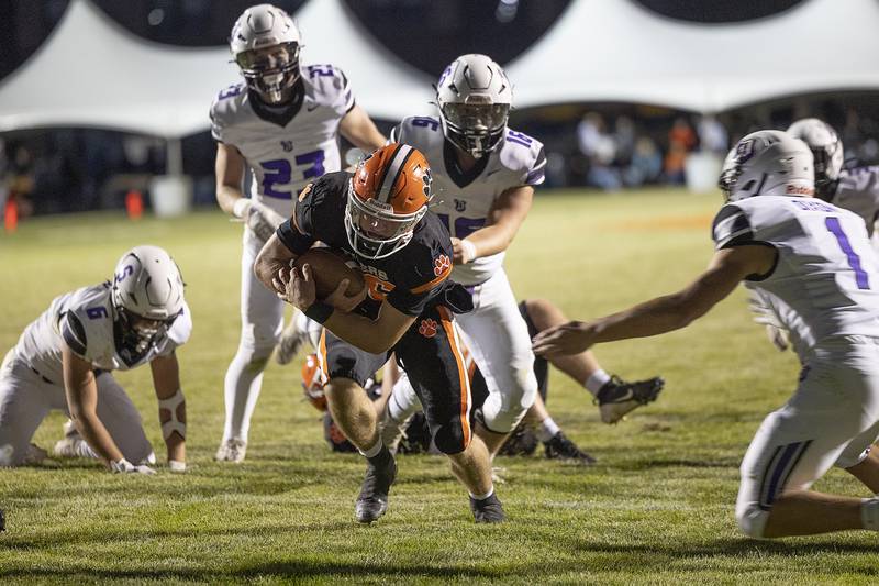 Byron’s Andrew Talbert gets close to the end zone against Dixon Friday, Sept. 5, 2025, at Byron High School.