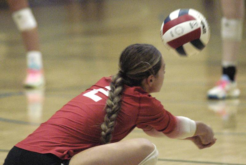 Oregon's Grace Tremble  returns a serve. Erie-Prophetstown took on Oregon in the Class 2A regional volleyball semifinal Tuesday, Oct. 29, 2024 at Newman High School.