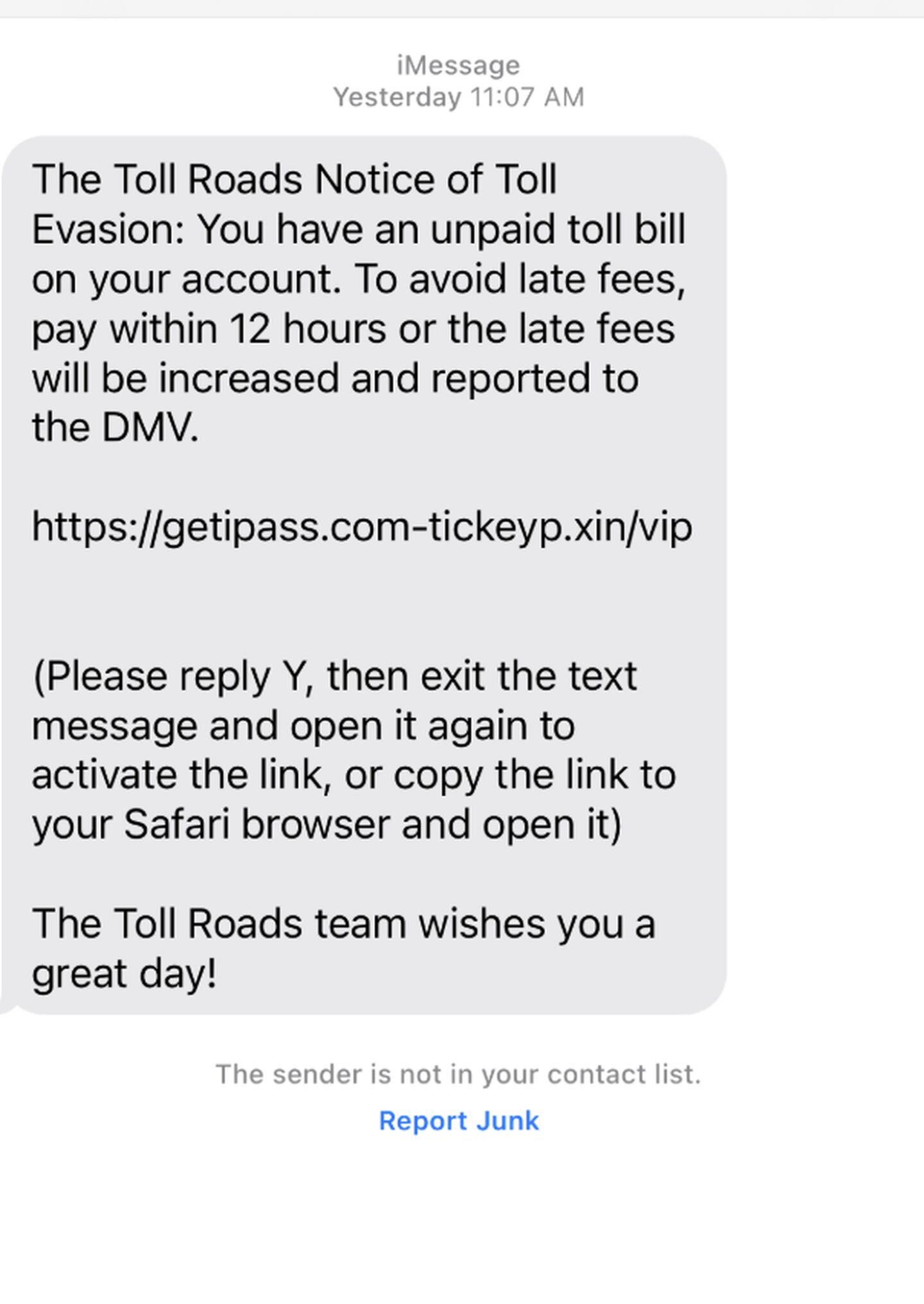 A phishing scam falsely warning of unpaid tolls has been recirculating heavily in late February 2025. The Illinois Tollway and authorities warn not to reply or click on links.