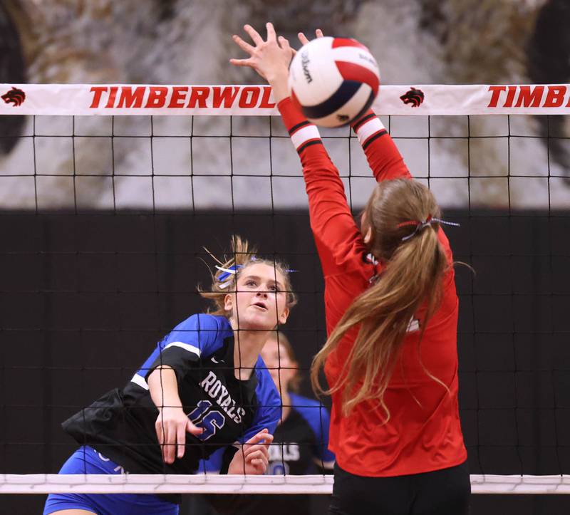 Hinckley-Big Rock's Emma Orin spikes the ball by Indian Creek's Cheyanne Buh during their match Tuesday, Sept. 9, 2025, at Indian Creek High School in Shabbona.