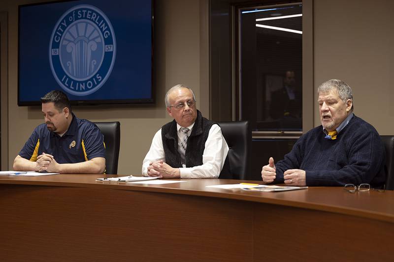 Sterling School Board candidates Allen Przysucha (left), Narcisco Puentes and Gonzalo Reyes speak before the Sauk Valley Area Chamber of Commerce hosted candidate forum Tuesday, March 21, 2023.