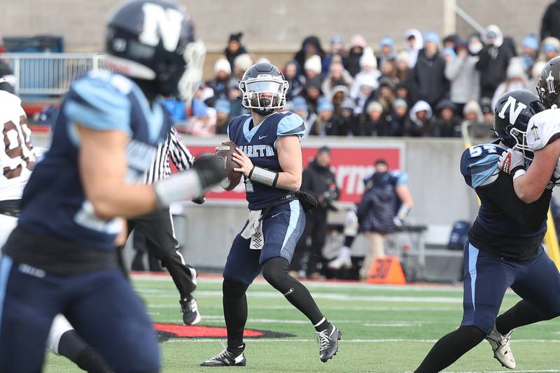Nazareth’s Logan Malochuk finds an open Anthony Donato against Joliet Catholic in the Class 5A state championship on Saturday, Nov. 30, 2024 in Normal.
