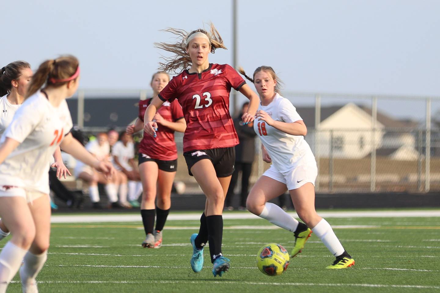 Plainfield North’s Tessa Fagerson passes the ball against Minooka. Monday, Mar. 14, 2022, in Plainfield.