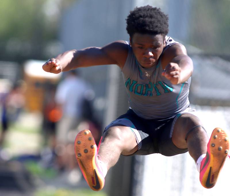 Woodstock North’s  Sean Mitchell  competes in the long jump in KRC Conference Track Meet action at Richmond-Burton High School in Richmond on Tuesday, May 13, 2025.