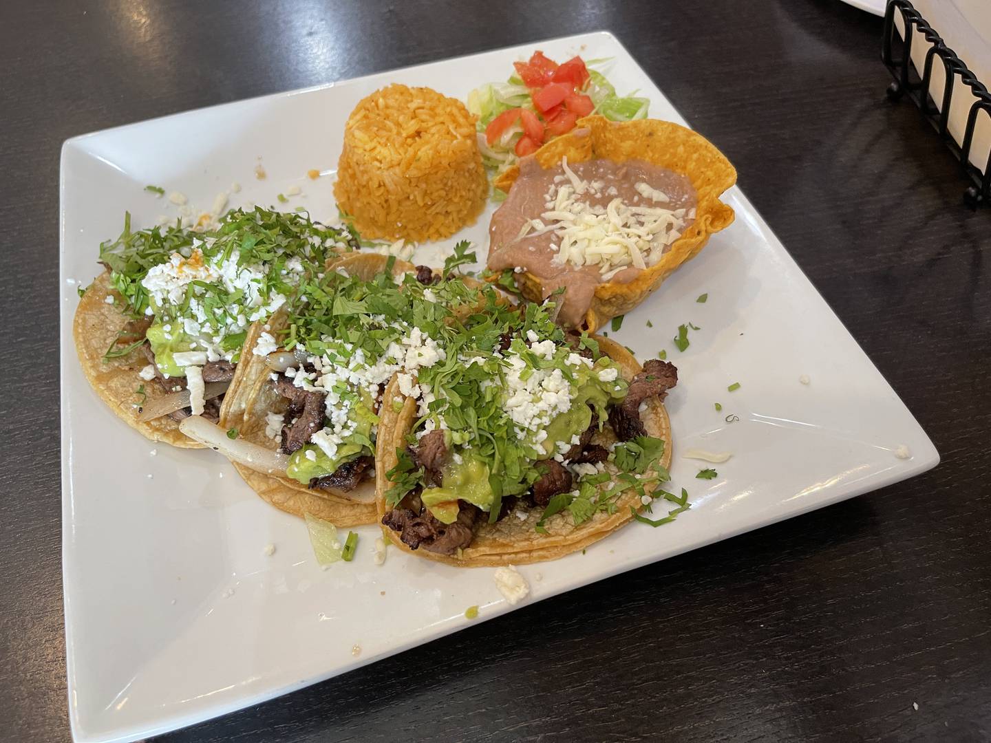 The Taco El Jefe was served with skirt steak and a host of toppings, which were paired with rice and beans.