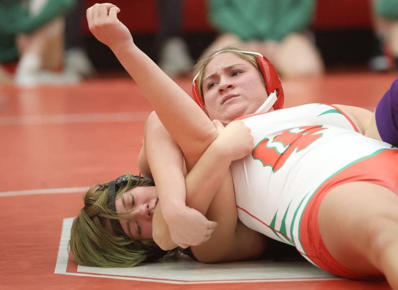 L-P's Marisa Eggerdorfer, wrestles Ottawa's Aliva Butler, during a meet on Thursday Jan. 8, 2026 in Kingman Gymnasium at Ottawa High School.