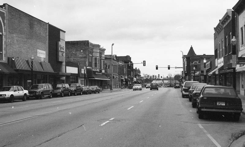 Looking west at the south side of Lincoln Highway from between 2nd and 3rd Streets in DeKalb, November 1997.