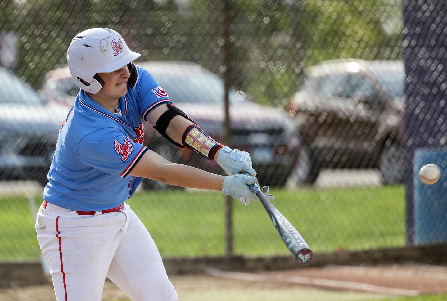 Oregon’s Kade Girton serves a ball into right field for an RBI against Dixon Thursday, April 24, 2025.