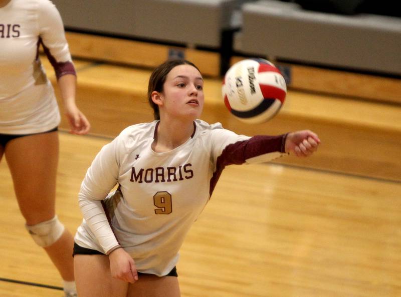 Mia Olvera (9) of Morris goes after the ball during a game at Kaneland on Thursday, Oct. 13, 2022.