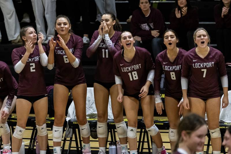 Lockport cheers after scoring a point during a 4A girls varsity volleyball sectional against Waubonsie Valley at Joliet West on Nov. 4, 2025.