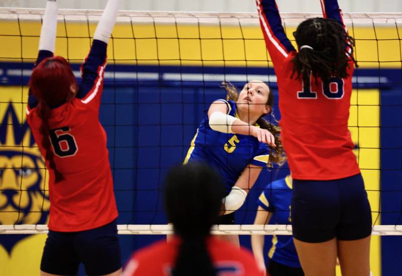 Princeton Logan's Sadie Rutledge takes a hit against Rockford Kennedy in Saturday's  IESA 3A regional match Saturday at Pannebaker Gym.