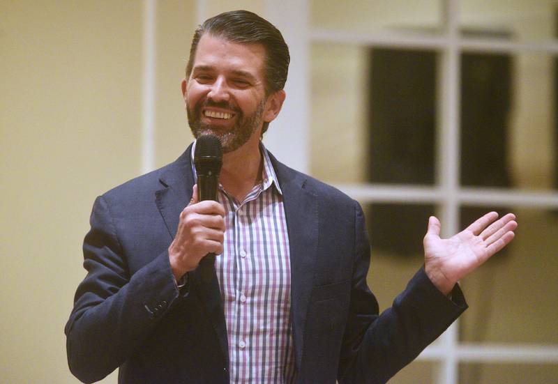 Donald Trump Jr. speaks at a McHenry County GOP committee fundraiser event Friday at Venuti’s Italian Restaurant & Banquet Hall in Addison.