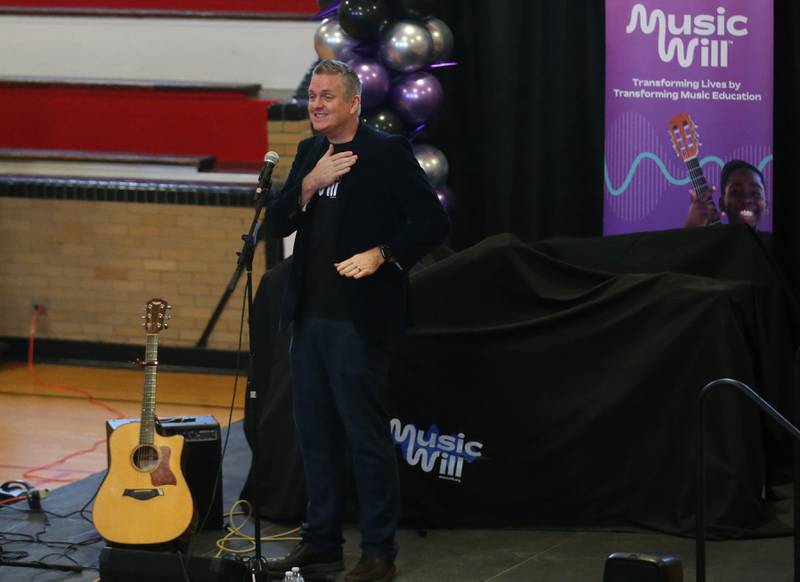 Bryan Powell chief program officer with Music Will speaks to children at Marseilles Elementary School on Thursday, Nov. 30, 2023.