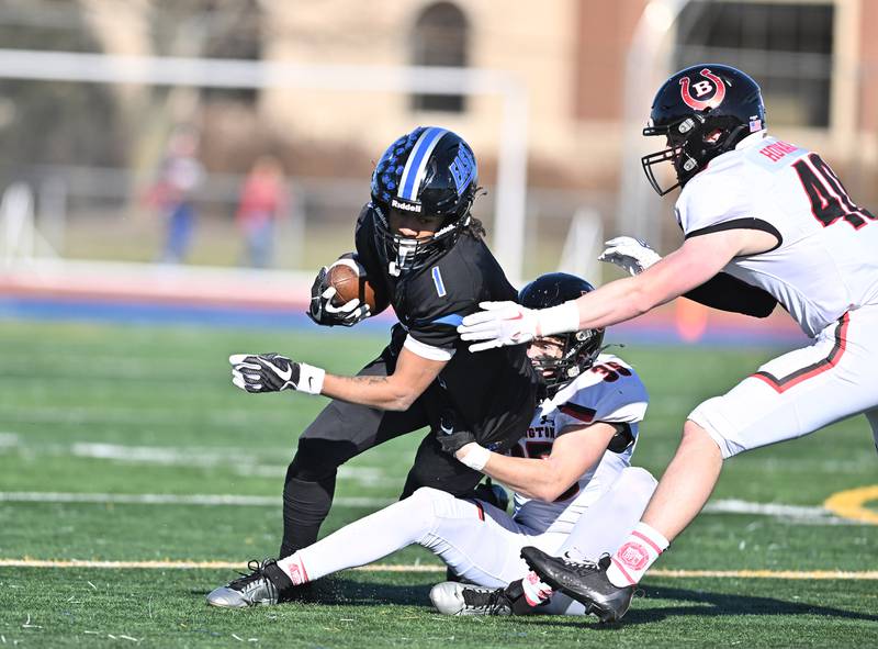 Lincoln-Way East's cornerback Stephon Gardner-gist tries to gain yards after the catch during the IHSA class 8A semifinals playoff game against Barrington on Saturday, Nov. 18, 2023, at Frankfort. (Dean Reid for Shaw Local News Network)