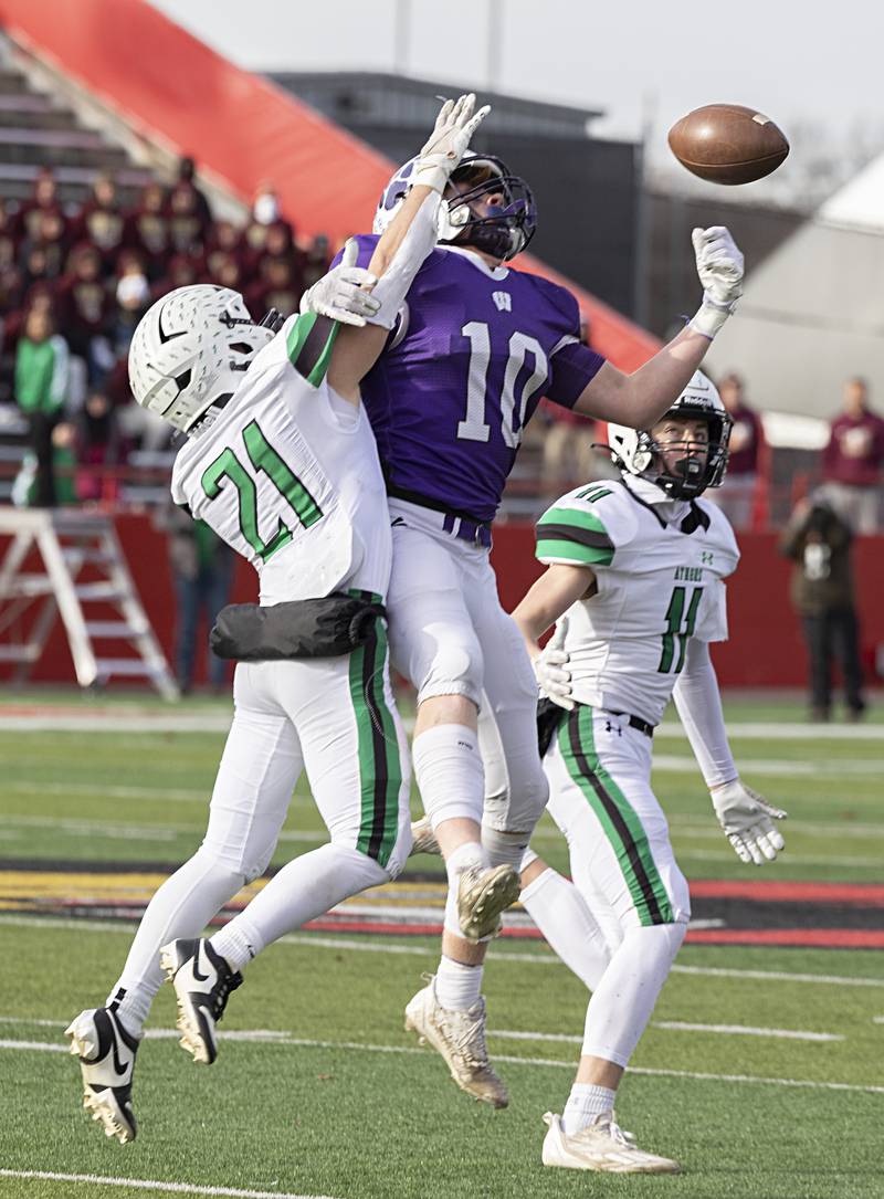 Wilmington's Reid Juster is unable to hold onto a pass against Athens Friday, Nov. 24, 2023 in the 2A state football championship game at Hancock Stadium in Normal. A pass interference call put Wilmington is the red zone.