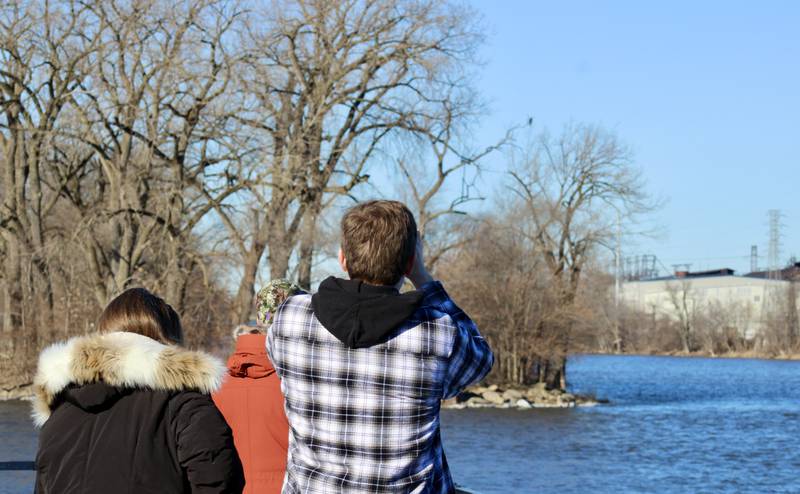 About 50 people gathered along the Rock River shoreline on Saturday, Feb. 11, 2023, to watch the point of Lawrence Park island for signs of eagles during Flock to the Rock.