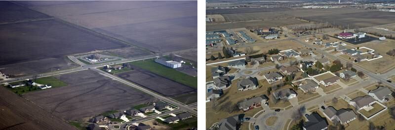 (Left) An aerial looking northeast near the intersection of North 29th Road (Wenzel Road) and Marquette Road on Wednesday, Jan. 6, 2005. The bottom street with the cul-de-sac is 34th Street. (Right) An aerial looking northeast near the intersection of North 29th Road (Wenzel Road) and Marquette Road on Monday, March 3, 2025. The bottom street with the cul-de-sac is 33rd Street and the top street with the cul-de-sac is 34th Street.