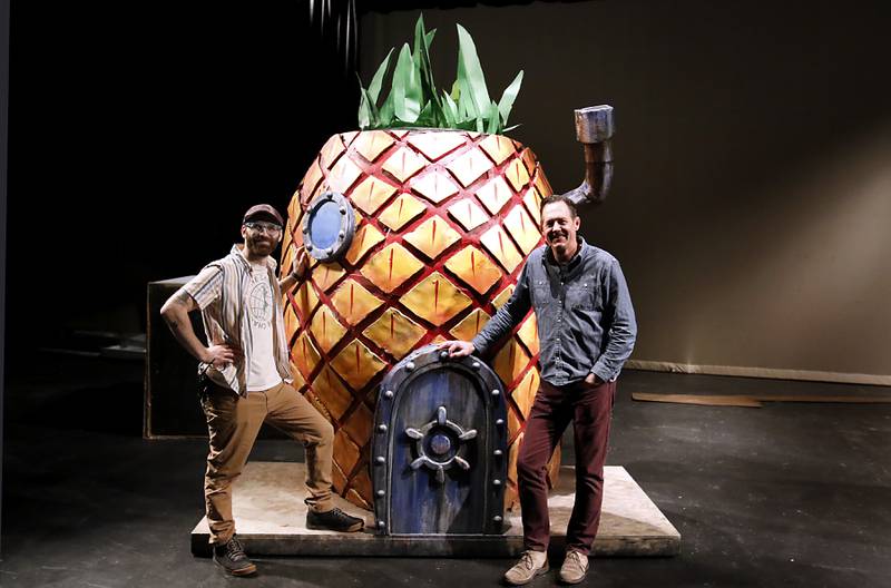 Crystal Lake High School teachers Daniel Mitchell and Ben Stoner on Thursday, April 17, 2025, in the theater at the school.