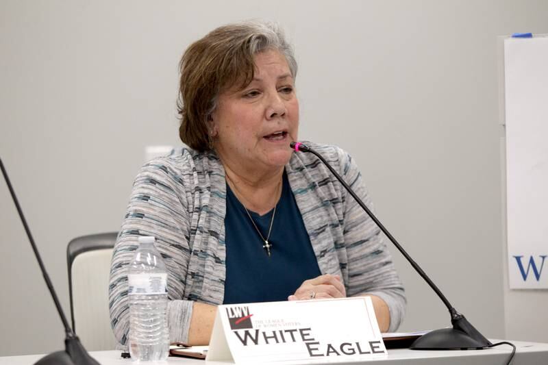 Wendy White Eagle, candidate for Campton Hills trustee, answers a question during a candidates’ forum hosted by the League of Women Voters at the Campton Hills Village Hall on Thursday, March 2, 2023.