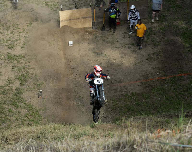 A rider goes airborne as he tries to climb the hill at the Rock River Riders Motorcycle Club's Father's Day Hillclimb on Sunday, June 15, 2025.