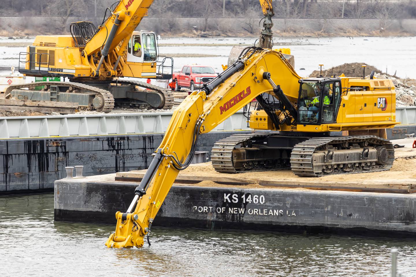 Work for the Brandon Road Interbasin Project on the Illinois Waterway in Joliet takes place on Feb. 11, 2025.
