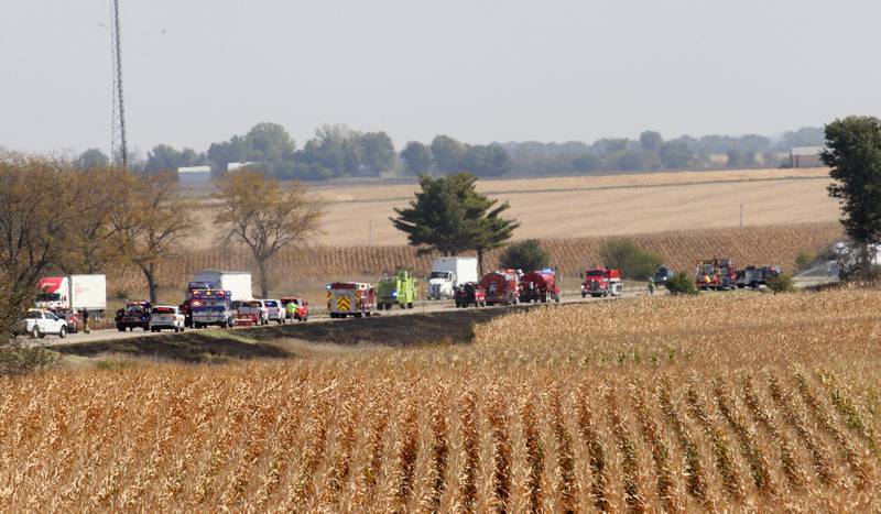 Firefighters extinguish a brushfire on Wednesday, Oct. 9, 2024 along Interstate 80 in the eastbound lane near mile post 65 in Bureau County. A MABAS box alarm was sent out around 11:45 a.m. and upgraded to a fourth-alarm. Interstate 80 was shut down in the Eastbound lane while firefighters doused the flames. Fire companies from Utica, Oglesby, Ladd, Bureau, Hennepin, Peru, La Salle, Spring Valley and others responded to the scene.